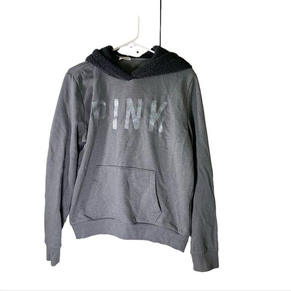 PINK Victoria’s Secret Large Grey Glitter Logo Hoodie - Picture 1 of 4